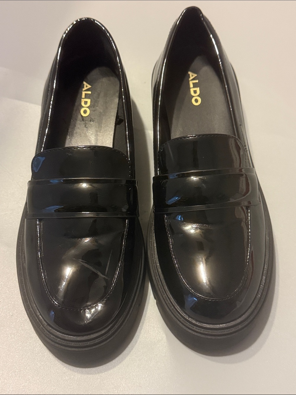 ALDO Glossy, Black, Patent Penny Loafers. Size 8.5M.